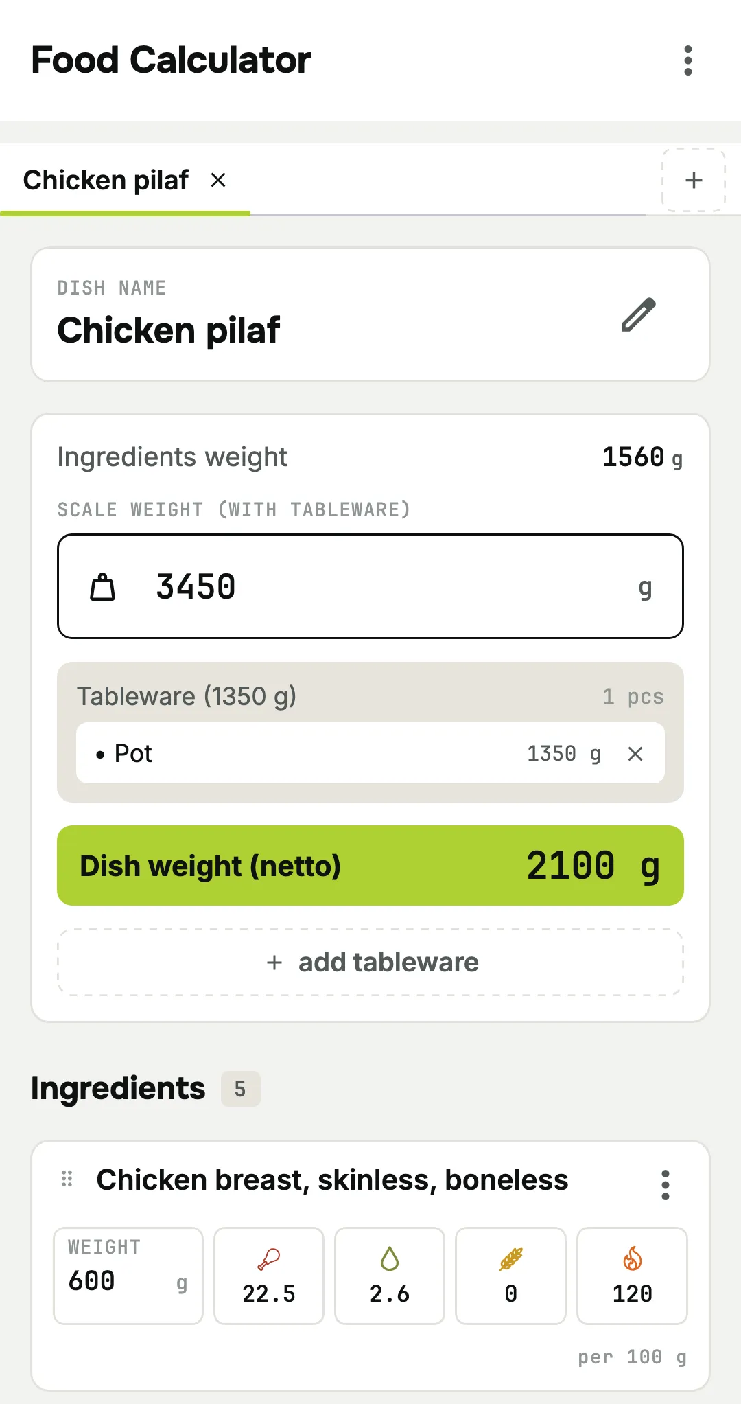 FoodCalculator calculator with the pilaf ingredients: 3,450 g on the scale and a 1,350 g pot