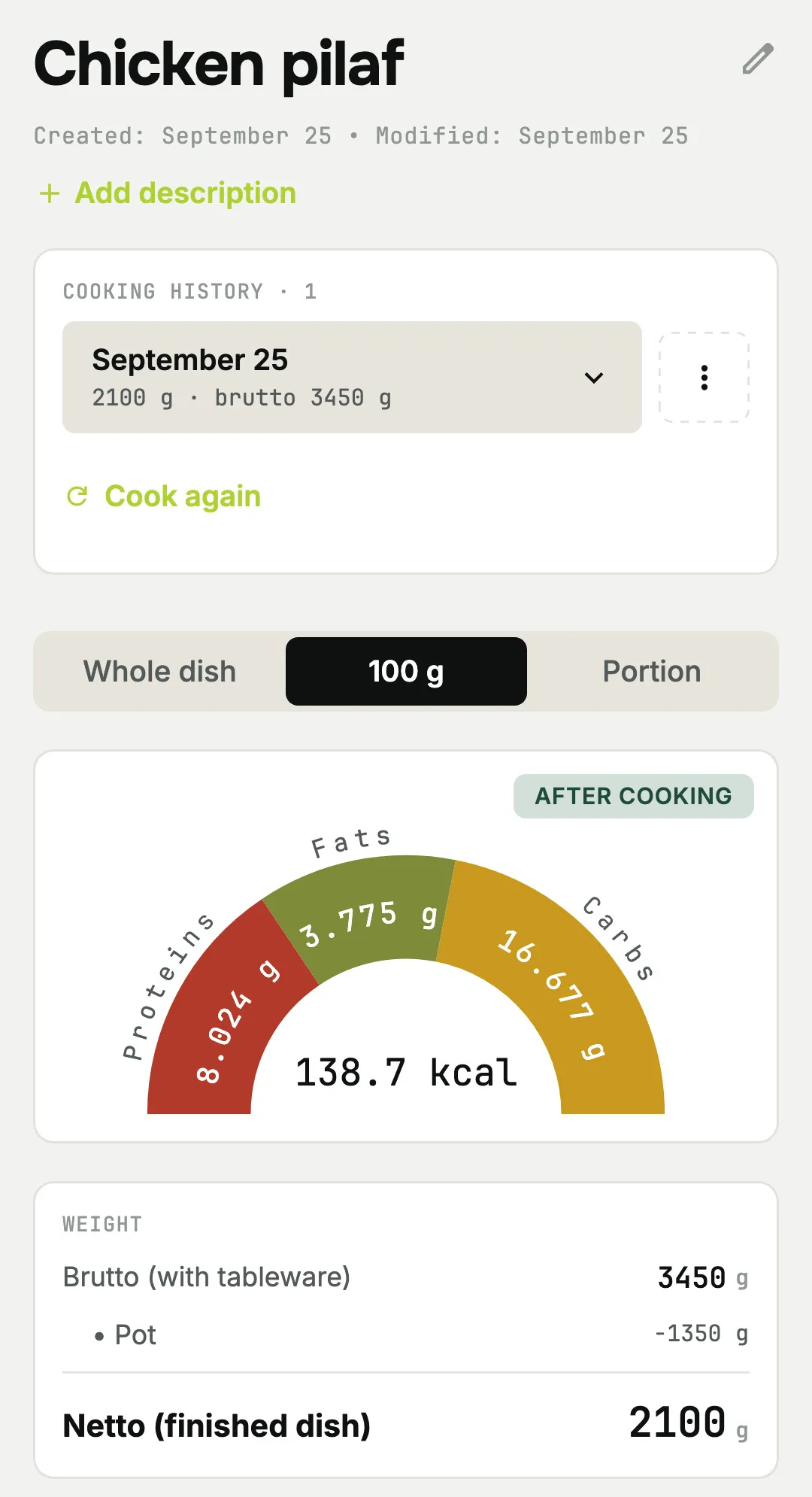 Chicken pilaf in FoodCalculator: 138.7 kcal per 100 g, cooked weight 2,100 g