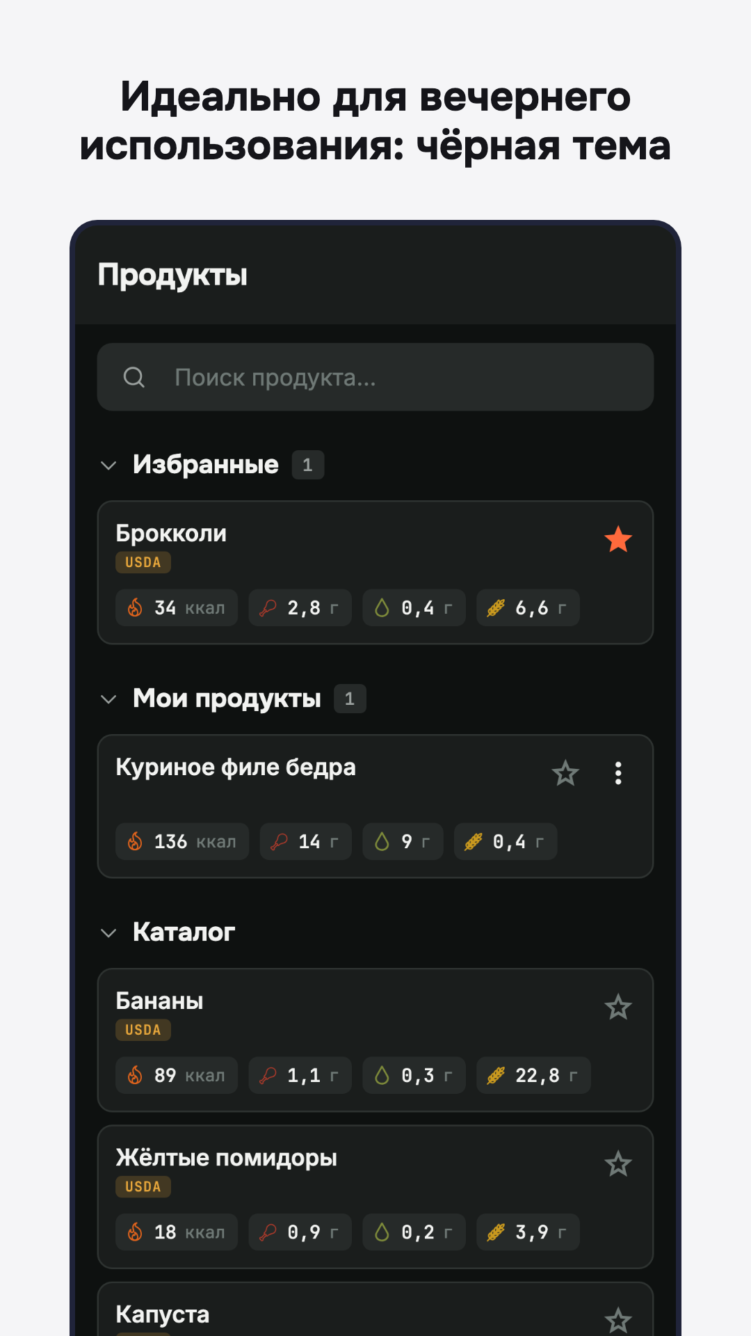 Список продуктов в тёмной теме